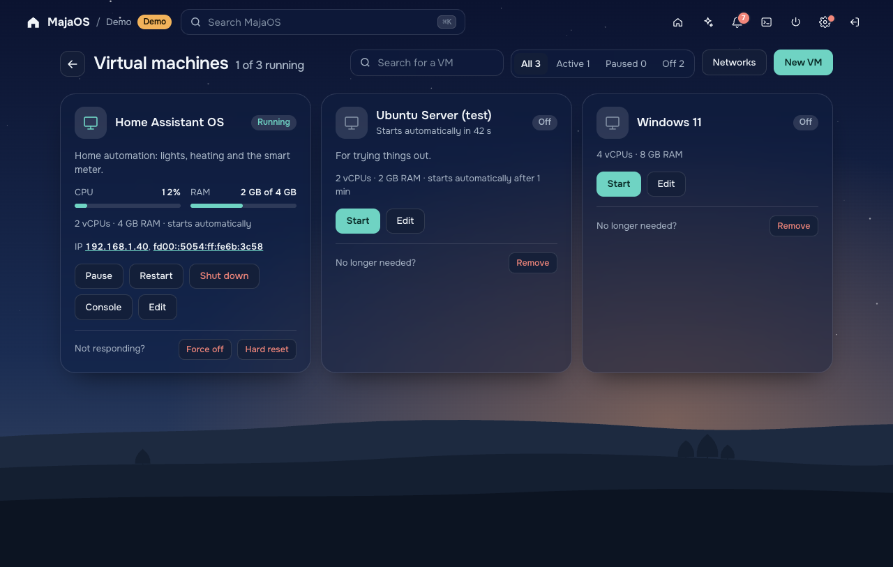 The MajaOS virtual machines page with Home Assistant OS running